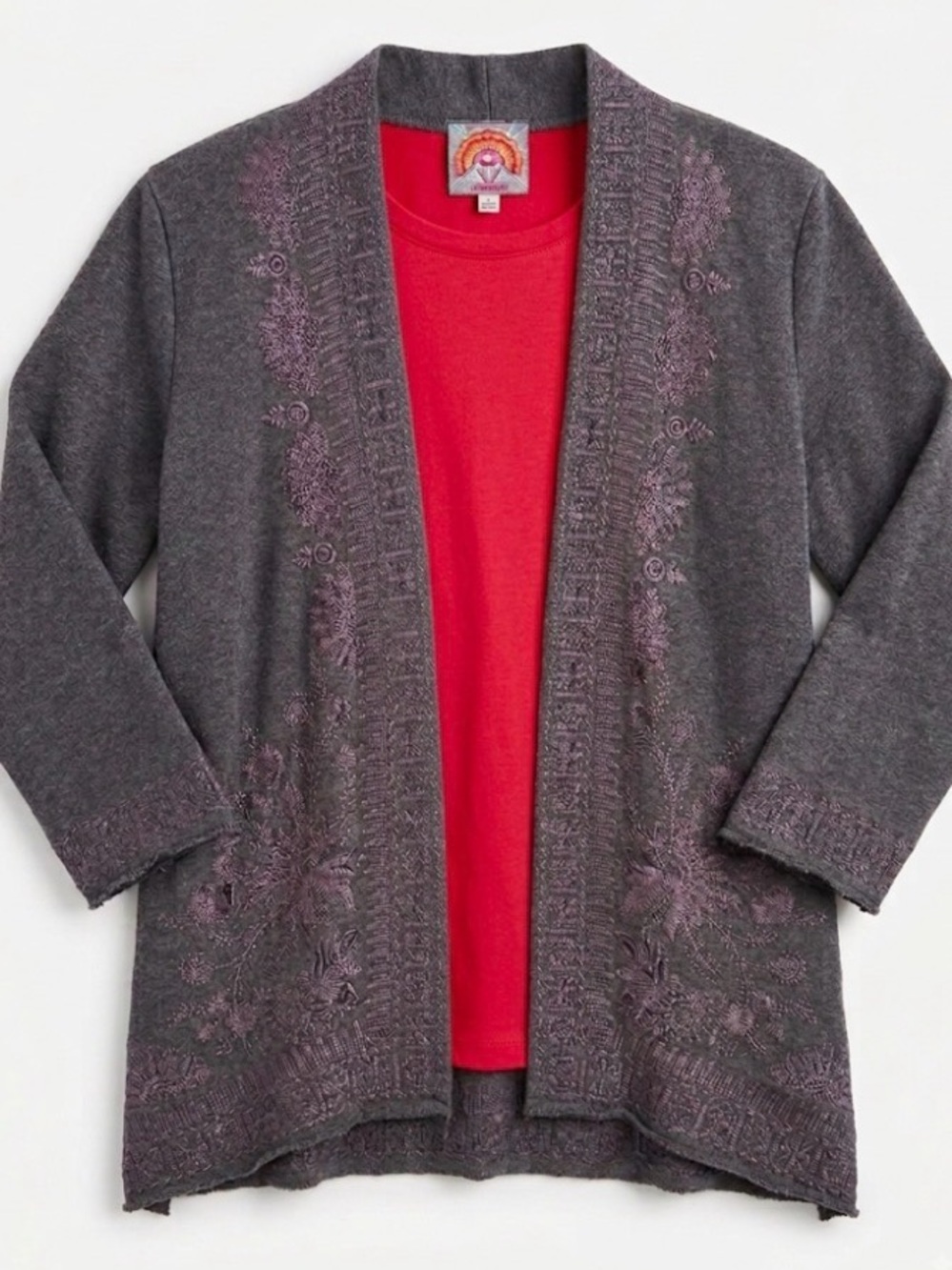 Johnny Was Embroidered Open-Front Charcoal Women’s Sweater Cardigan size Med